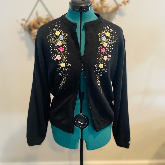 Vintage Bonnie and Bill Black Cardigan with Floral Embroidery - Picture 1 of 6